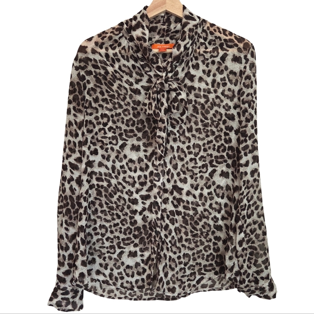Joe Fresh | Leopard Safari Print Tie Neck Semi-Sheer Button Up Blouse